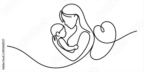 Mother's love, a single line drawing of a mother holding her baby Vector, illustration