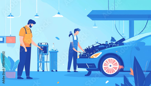 Mechanics at work in an auto shop, repairing a blue car, with stylized lighting and minimalist background detail