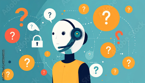 Robot assistant with a headset amid floating question marks and dotted lines on a teal background, pondering digital questions