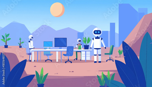 Robots work in an office in front of mountains and blue sky with a bright yellow sun shining above the mountain range