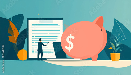 Illustration of business meeting regarding finance, featuring piggybank, laptop, and suited presenter