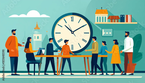 Meeting illustration shows people gathered around a table, discussing ideas. Background includes a clock, building