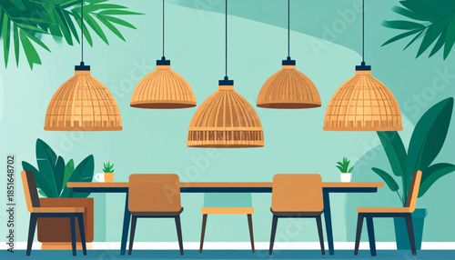 Room illustration featuring a table, chairs, hanging lights, and plants against a teal background
