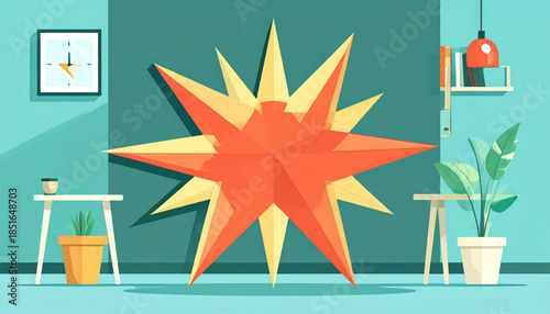 Room illustration with a large starburst sculpture, plants, and minimal d?cor in teal and orange tones