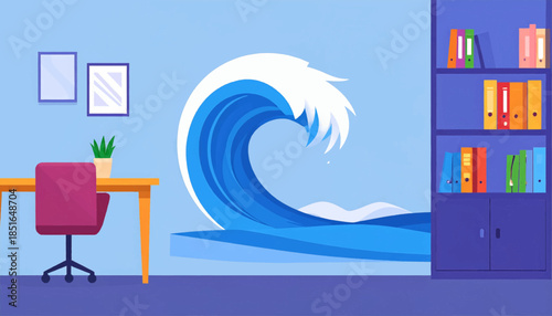 Room illustration with desk, chair, shelves, and a large stylized wave outside the window