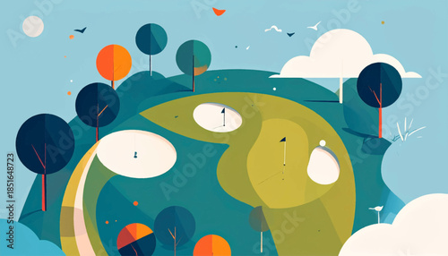 Minimalist illustration of a golf course with trees, bunkers, sky, birds, and stylized clouds in a light blue palette