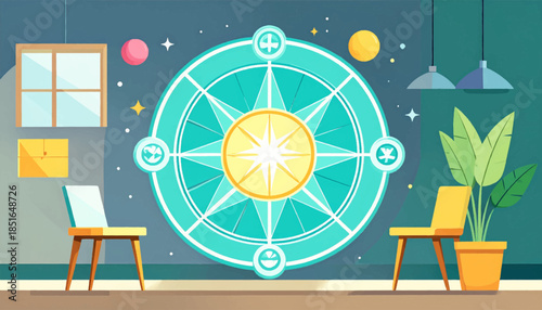 Room illustration with stylized furniture, a circular compass-like design, and celestial elements against a teal backdrop