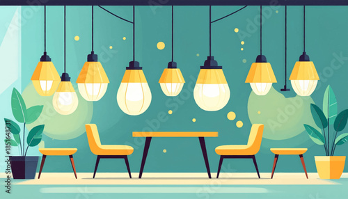 Room illustration with table and chairs illuminated by hanging lights, beside potted plants against a teal wall