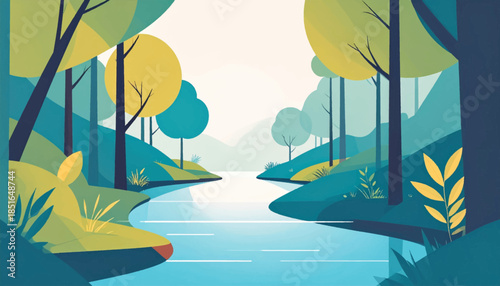Minimalist illustration of a river flowing between trees, in teal, yellow, and dark blue hues