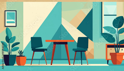 Room interior art with furniture, plants, and geometric shapes in a modern, minimalist style