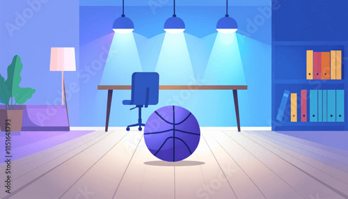 Minimalist illustration of a room with a desk, chair, basketball, bookshelf, lamp, and indoor plant