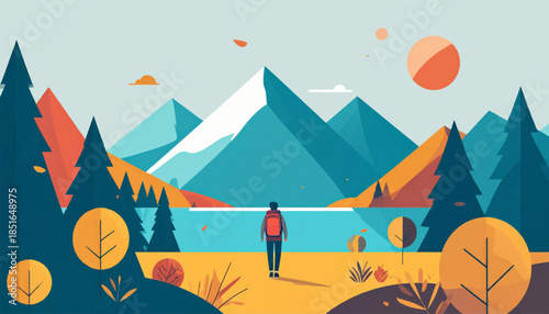 Minimalist scene person with backpack walks toward a lake amidst mountains and trees under an orange sun