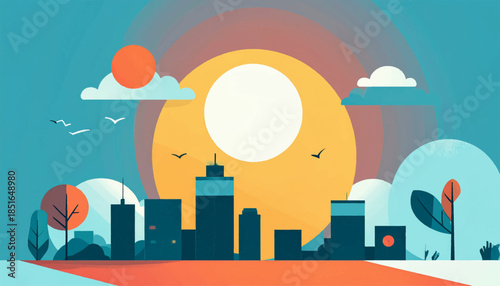 Minimalist skyline at dusk with birds, trees and colorful circles, in teal, yellow, orange and red hues