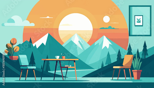 Minimalist scene with mountains, sun, table, chairs, plants, and abstract art in a modern, flat-design style