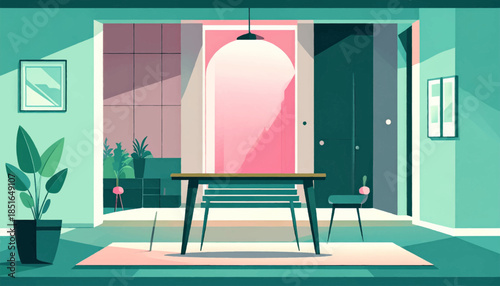 Interior illustration with table, chair, plant, and light entering from pink, arched entryway