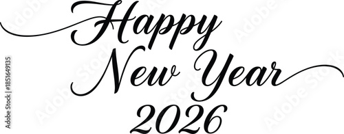 Happy New Year 2026 elegant script text on white background celebration calligraphy