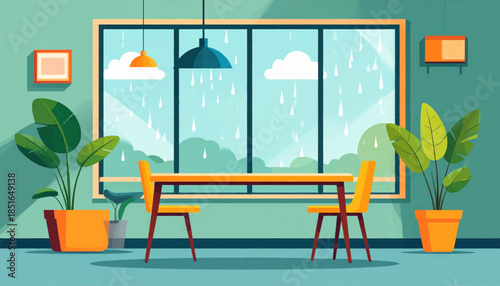 Interior of a room with plants, table and chairs in front of a large window with rain falling outside
