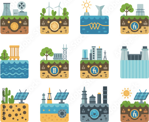Energy sources infographic illustration showing renewable and nonrenewable power types including solar, wind, nuclear, coal, oil, hydroelectric icons