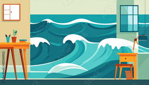 Interior room scene with desks, plants, and large window view of ocean waves, stylized illustration, flat vector