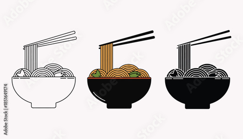 Illustrations of Bowls with Noodles and Chopsticks