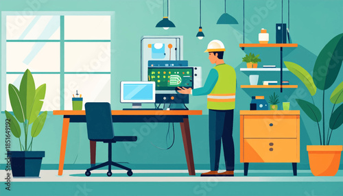 Interior room scene with engineer interacting with complex machinery. Desk, chair, cabinets and plants decorate the space