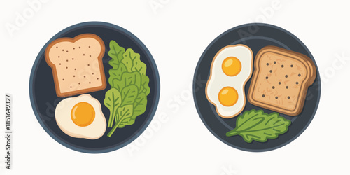 Illustrated Breakfast Plates with Toast and Eggs