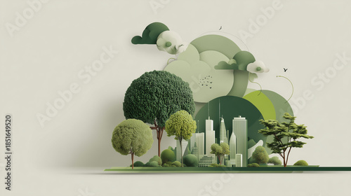 green sustainable city illustration, eco friendly urban landscape, nature and city harmony
