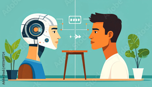 Human & robot face each other across a small table, with simple network diagrams in between them in a modern style