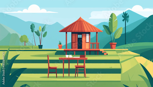 Hut on rice terraces with table & chairs, vector landscape, teal mountains, light blue sky, white clouds