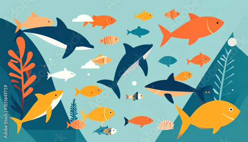 Illustration with colorful fish and dolphins, set against seaweeds and a blue background. Flat, cartoonish style
