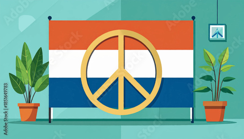 Illustration with orange, white, blue flag with peace sign, two potted plants and framed artwork in the background