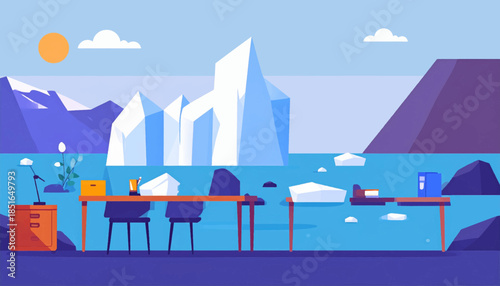 Illustrated arctic office scene; desks sit amidst icebergs