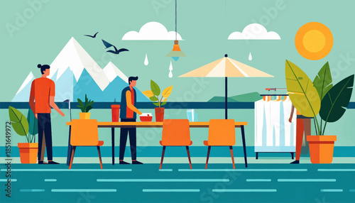 Illustrative scene with people on a terrace, mountains, and stylized elements