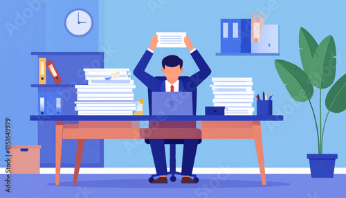 Illustrated businessman with piles of paperwork at his desk in a light blue office space