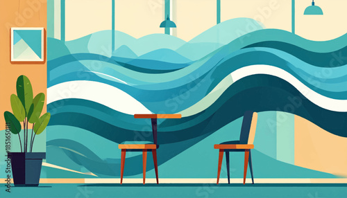 Room interior with wavy wall, plant, table, chair, & picture in soft palette