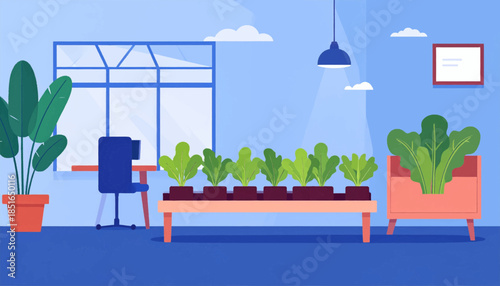 Indoor garden illustration with a desk, chair, houseplants, and a window view of clouds in a stylized blue room