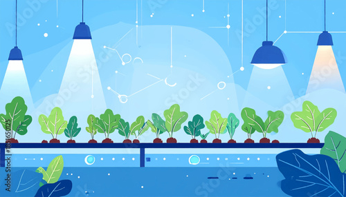 Indoor garden illustration with blue lights illuminating leafy plants in a bright, modern, controlled environment