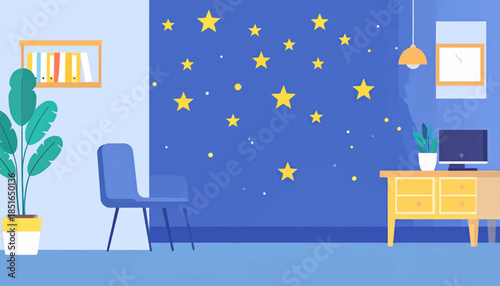 Room scene with a chair, bookshelf, desk, plant, wall with stars, and clock