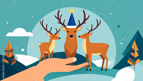 Illustrated deer with antlers in a winter forest scene, one with a party hat on