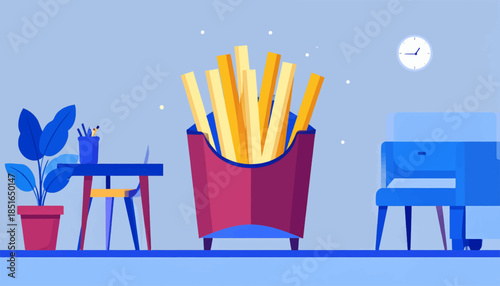 Room scene with a desk,chair,plant, and fries in a container, with a clock on the wall. Light blue background