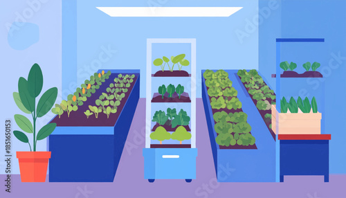 Indoor garden with potted plant, grow beds, and layered crops in a blue hued, stylized room