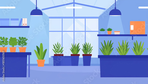 Indoor greenhouse illustration with plants in pots, shelves, large windows, and overhead lighting in soft blue tones