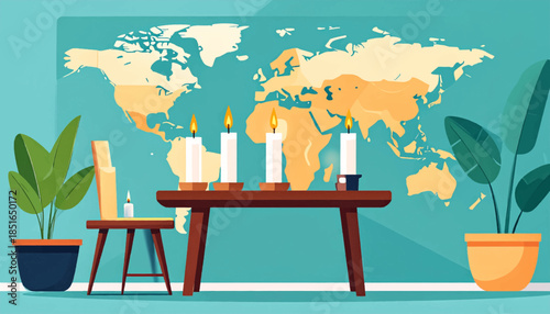 Room scene with a world map background, table with candles, and two potted plants