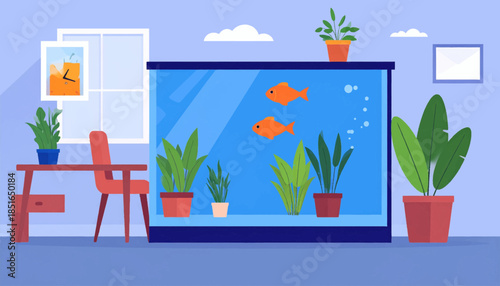 Room scene with fish tank, table, chair, and plants, rendered in flat, simplified illustration style with muted colors