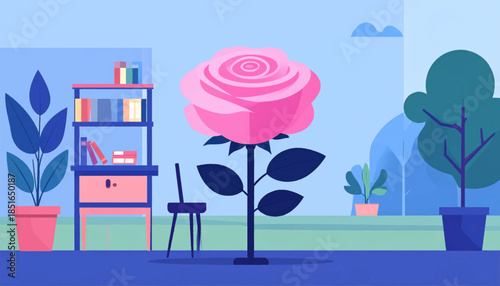 Indoor illustration featuring large pink rose, plants, chair, bookshelf, and outdoor trees in pastel colors