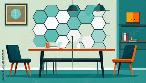 Room with dining table, two chairs, honeycomb wall design, wall art, and shelves. Cool color palette