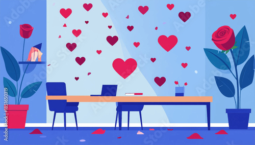 Indoor room with hearts, desk, plants, and a Valentine's theme in a cartoon style with light blue background