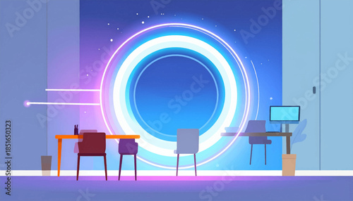 Room with glowing portal. Desks, chairs, monitor, in hues of blue, orange and purple create a sci-fi, modern feel