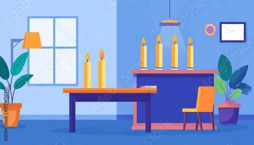 Indoor scene depicting simple furnishings, plants, and candles in a minimal, flat, geometric style