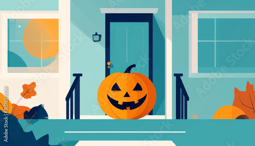 Illustrated front porch scene with a carved pumpkin, leaves, and a door